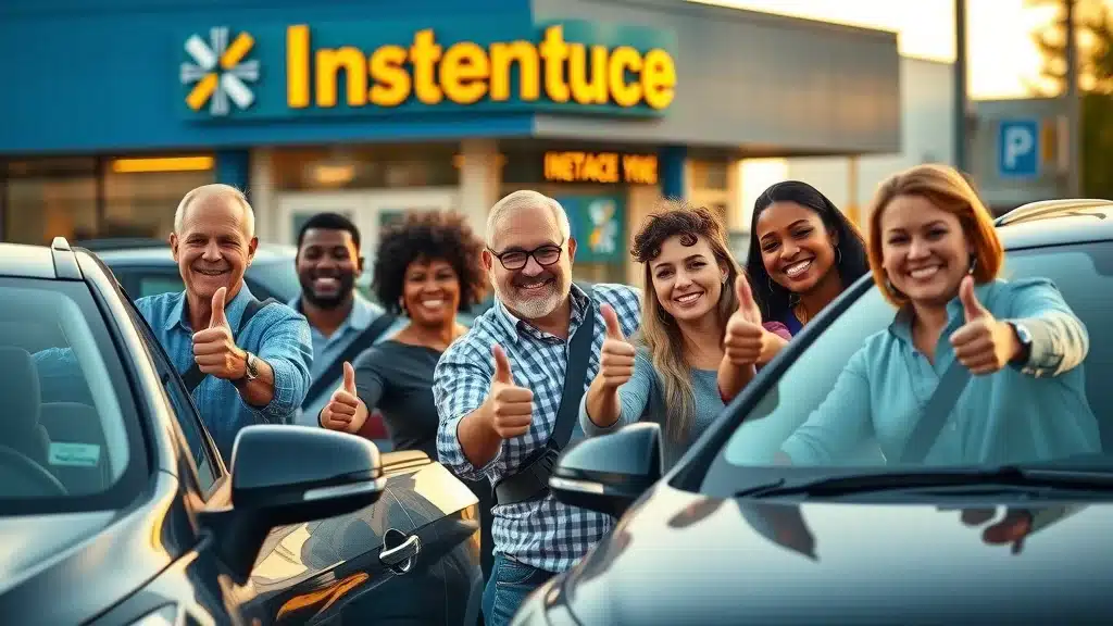 Diverse group of Lexington SC residents giving thumbs up outside local car insurance office after receiving the best insurance discounts, golden hour lighting.
