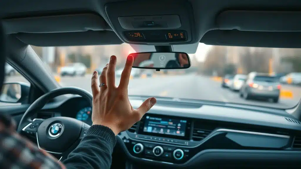 Modern car interior in Columbia, SC showing advanced safety technology and anti-theft icons, related to car insurance discount eligibility.