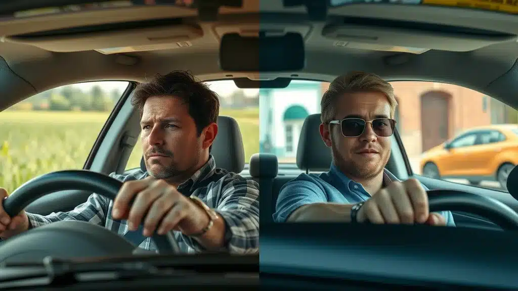 Photorealistic comparison image showing a quiet rural lane and a busy urban street in Lexington SC, illustrating how location affects car insurance costs.