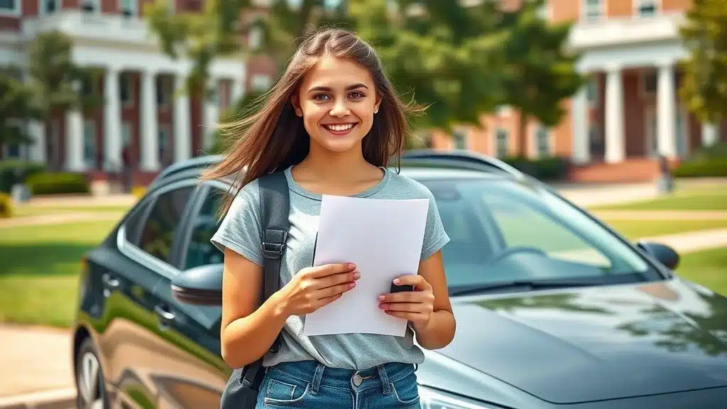 Proud University of South Carolina student holding report card and car keys, showcasing the benefit of good student discounts on Columbia car insurance policies.