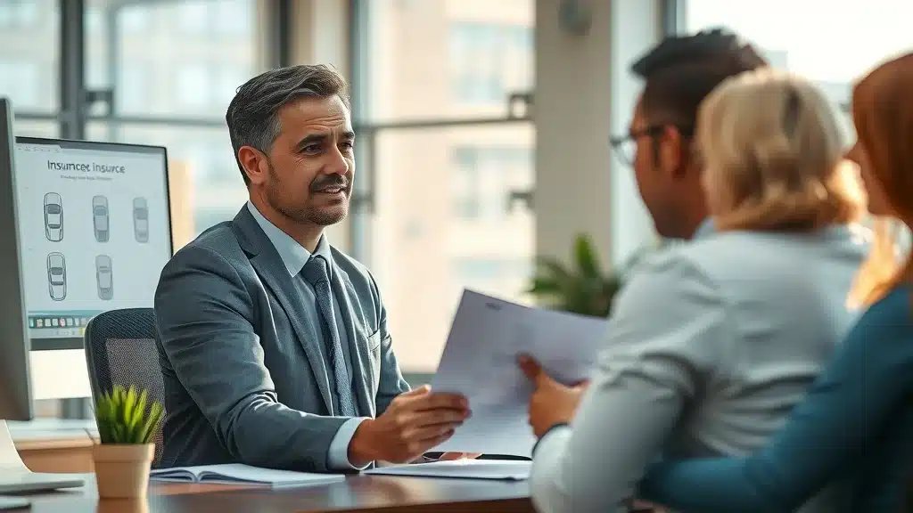 Insurance agent working with Columbia couple to review full coverage car insurance policy details in local office