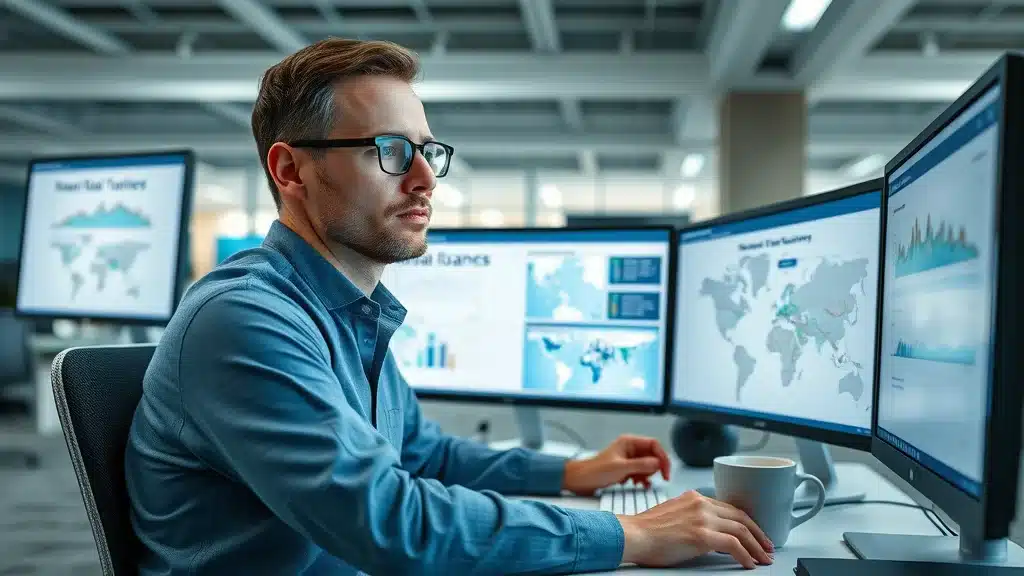 Insurance data analyst at computer reviewing risk algorithms for Columbia SC ZIP codes, displaying digital charts and city risk maps, discussing the role of ZIP codes in insurance premiums.