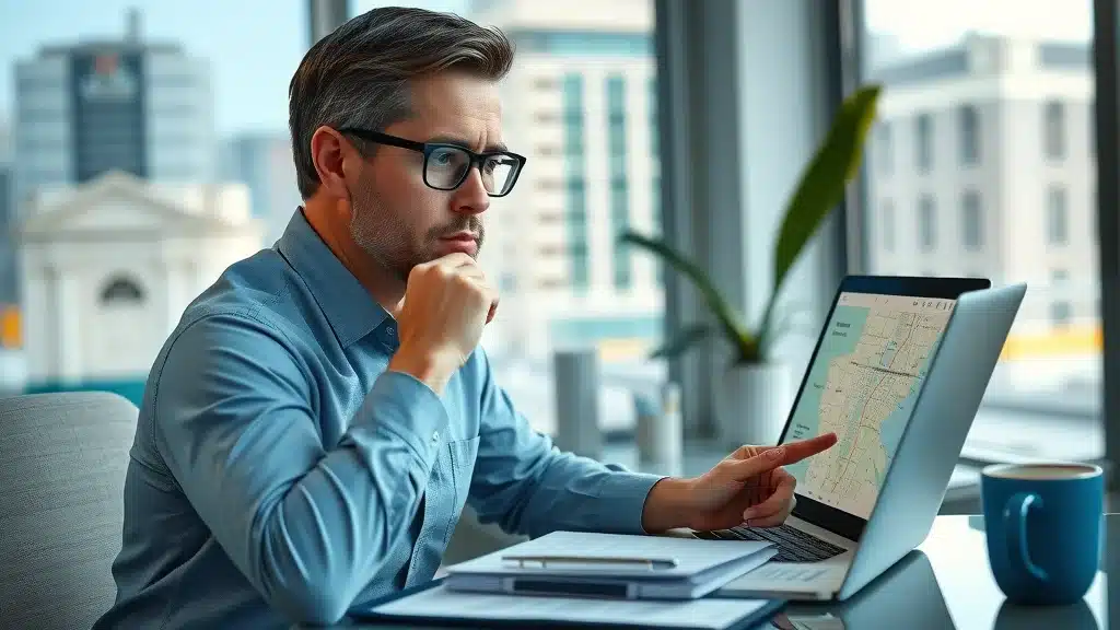 Photorealistic image of an insurance agent pointing at a digital zip code map of Lexington SC on a laptop, highlighting how your zip code affects car insurance rates through local data analysis.