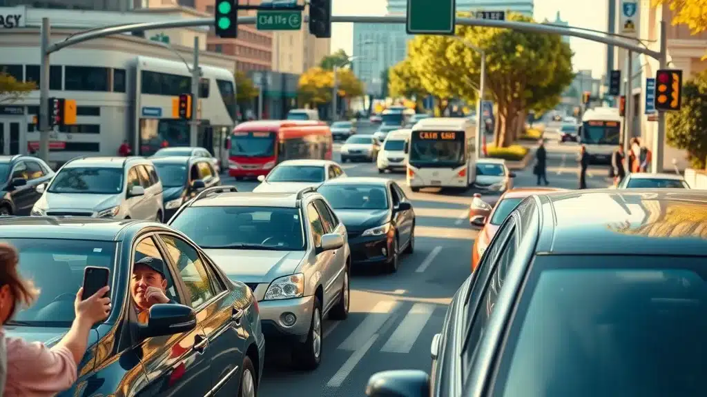 Rush hour at a busy Columbia, SC intersection with multiple cars and attentive drivers, reflecting local accident risk as a factor in car insurance premiums by ZIP code.