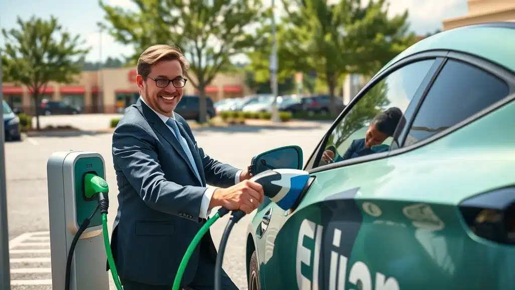 Lexington SC eco-friendly driver charging electric car and earning green auto insurance discount in local retail parking lot, business attire, bright and green palette.