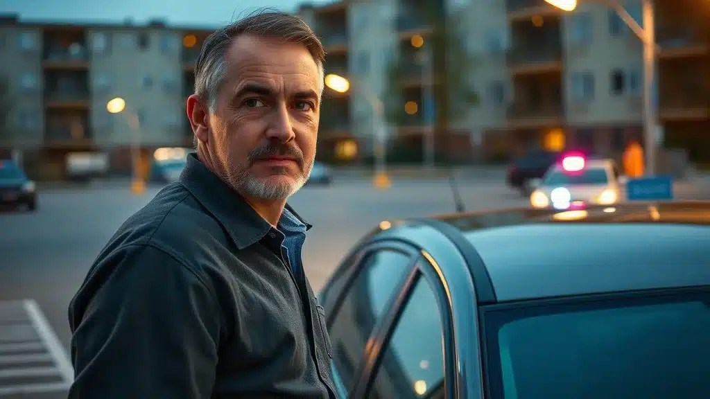 Photorealistic image of a concerned car owner in a Lexington SC parking lot with visible security cameras and police presence, representing how crime rates affect car insurance costs by zip code.