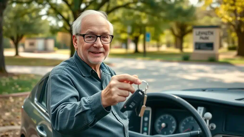 Older Lexington driver parking classic sedan in local tree-shaded park — example of liability only insurance situation