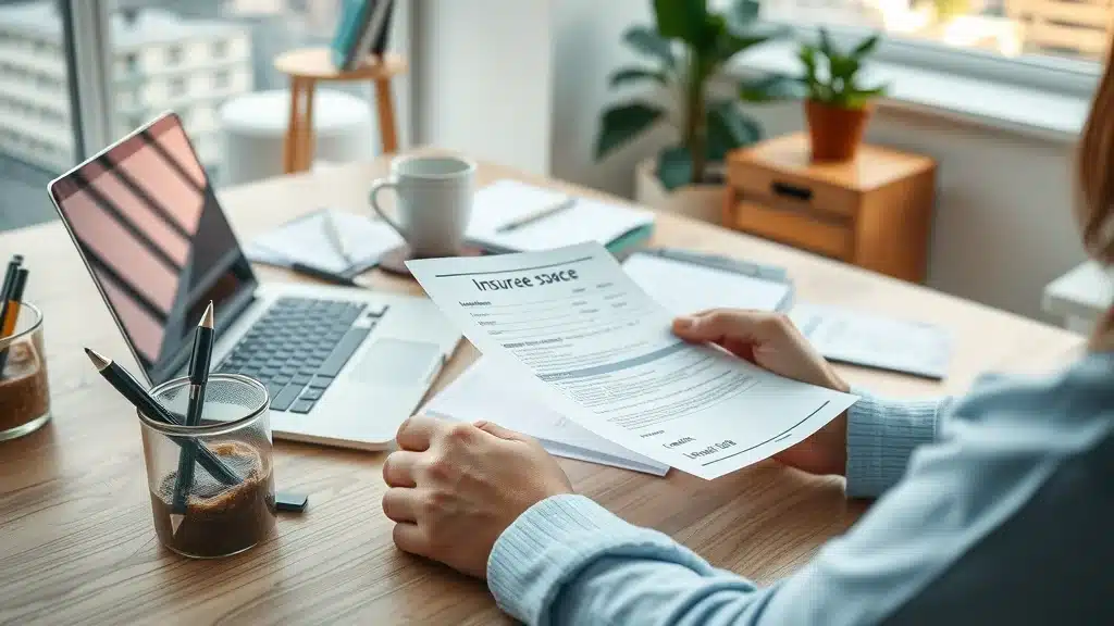Desk with hands holding car insurance quote sheets and laptop, Lexington SC home office with cityscape window view