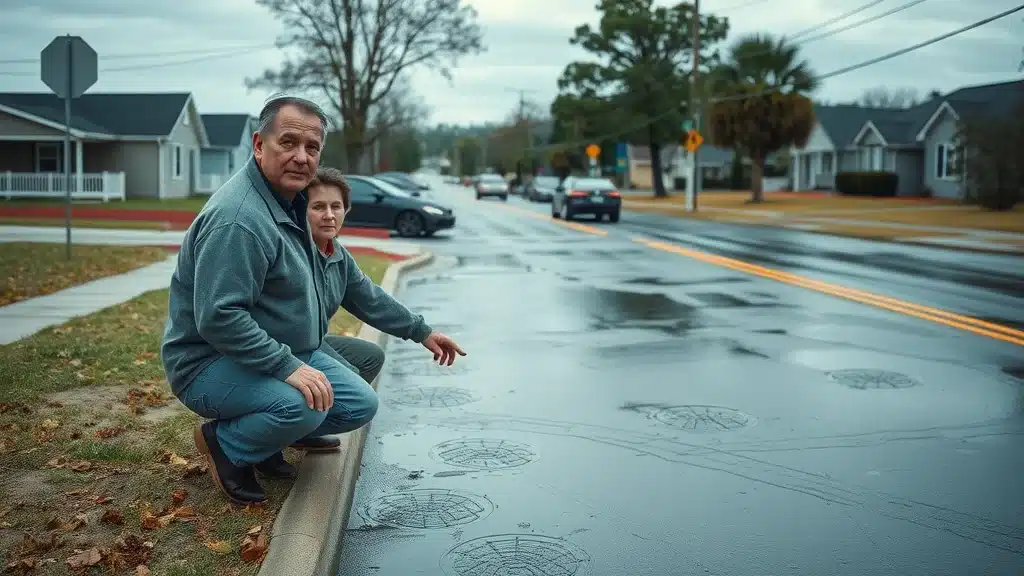 Flood-prone street in Columbia, SC with parked cars and residents pointing at minor water pooling, highlighting local storm risk as a major factor in car insurance premiums.
