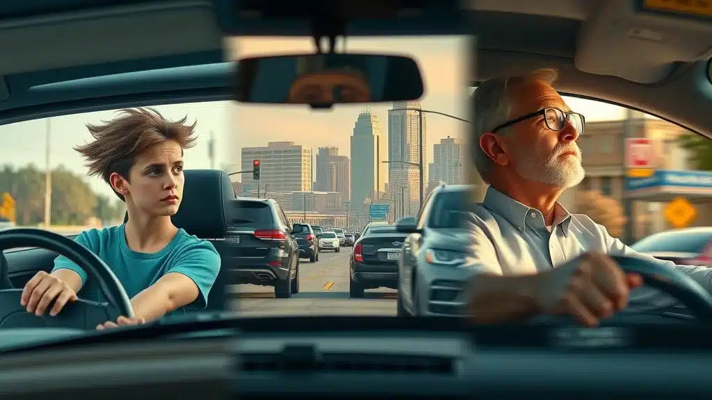 Three Lexington SC driver types: teen in compact car, commuter toward Columbia, older homeowner in classic sedan