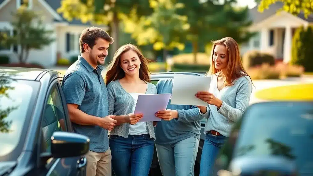 Three young adults stand outdoors between parked cars, smiling and looking at documents together on a sunny day in a suburban neighborhood. Trees and houses are visible in the background.
