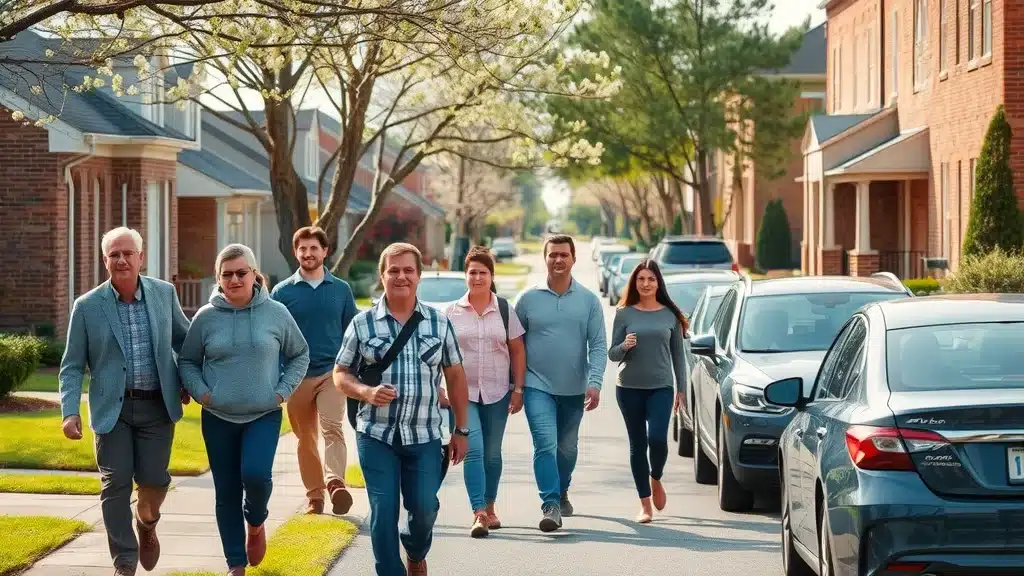 Neighborhood street scene in Columbia, SC with residents walking near parked cars and brick houses, reflecting the diverse local factors that affect car insurance premiums by ZIP code.