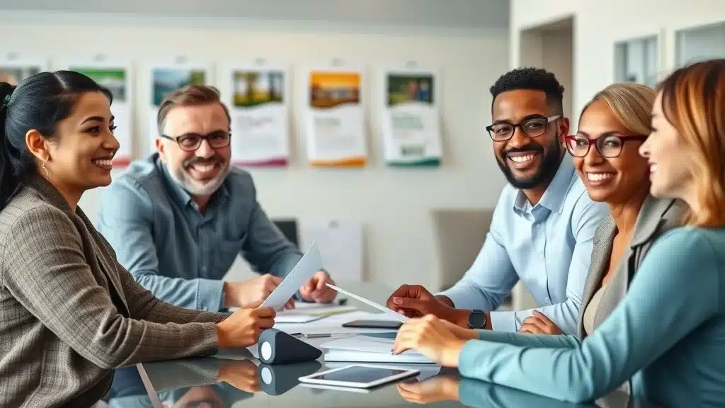 Friendly insurance agent meeting with a diverse Columbia family in a bright, modern Columbia, SC insurance office discussing the most common car insurance discounts available to Columbia drivers.