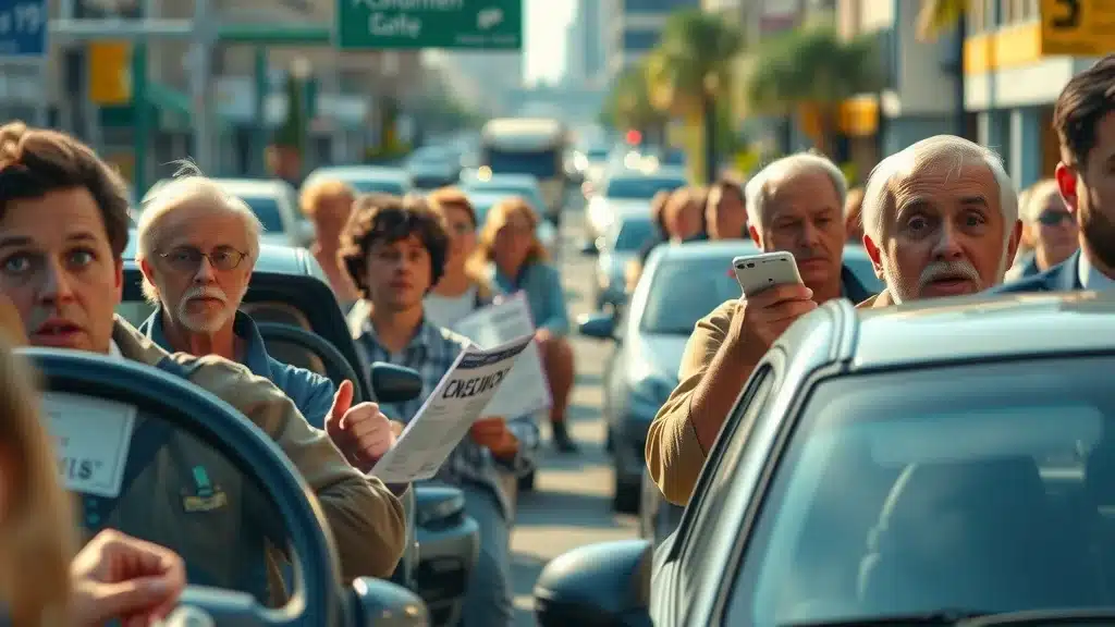 A group of people stand outside their cars in the middle of a city street, looking concerned and confused; some hold phones and newspapers, with traffic jammed behind them on a sunny day.