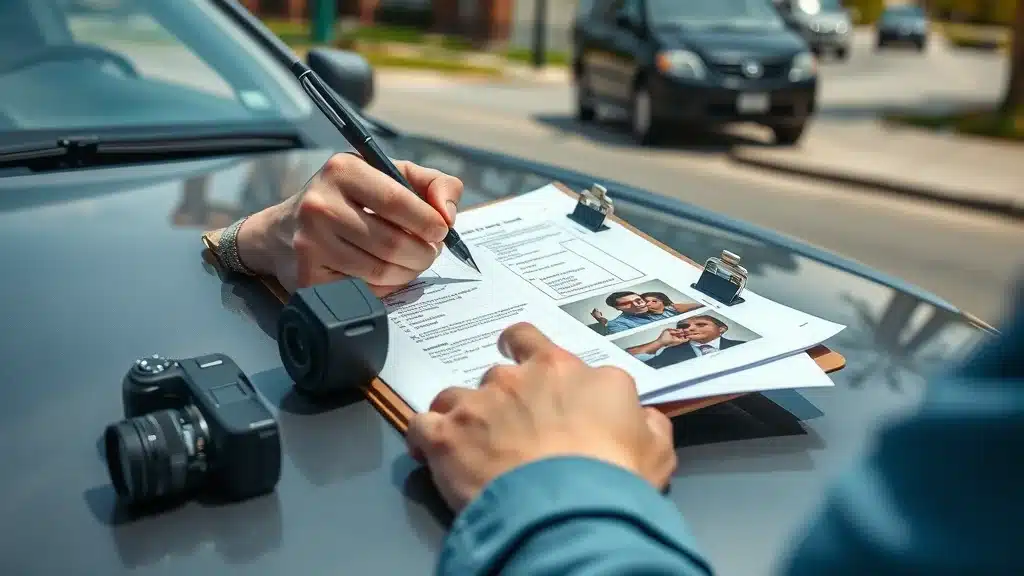 Orderly checklist action after car accident. Driver reviews a checklist, car accident documentation, and takes photos for insurance and accident attorney use in Lexington, SC.
