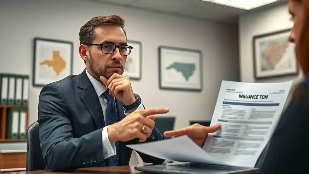 Professional accident law consultation. Attentive driver meets with a Lexington SC car accident attorney, reviewing accident paperwork and insurance documents after an accident.