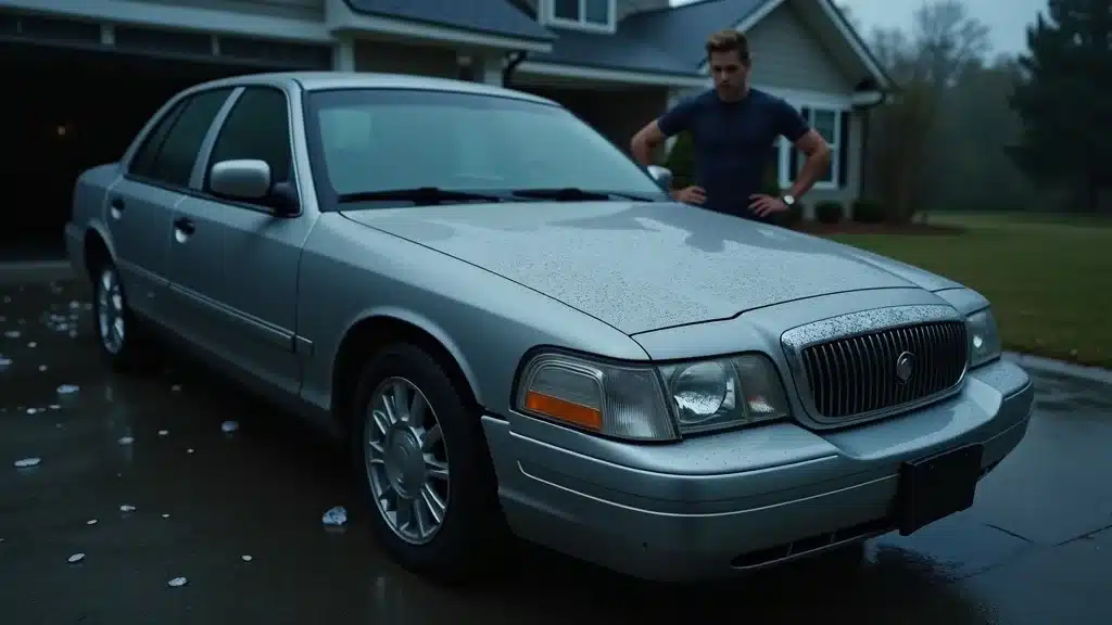 silver sedan with visible hail dents, car insurance cover hail damage Lexington SC