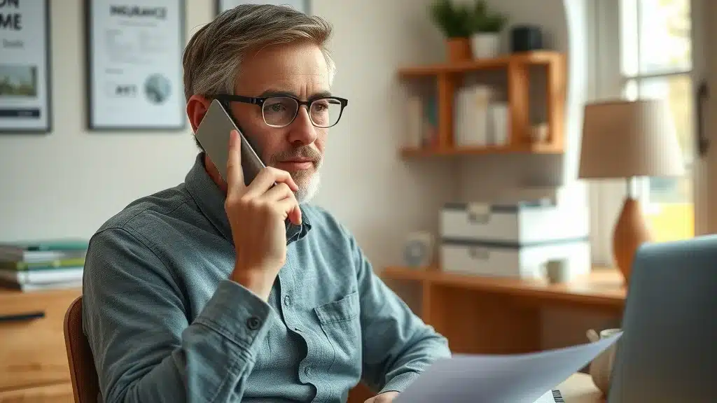 Focused phone call to insurance company. A driver calmly calls in their Lexington SC accident claim from a home office, surrounded by insurance paperwork and accident-related documents.