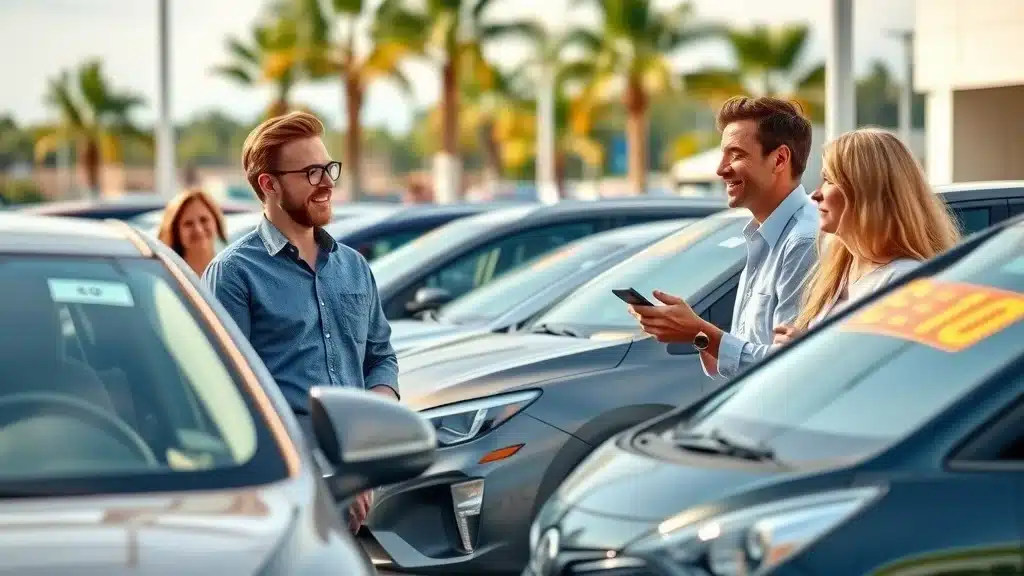 Car buyers comparing sedans and SUVs for lowest insurance cost at Columbia dealership