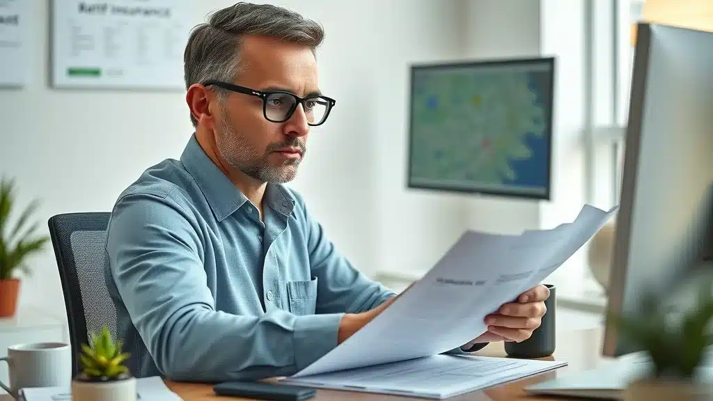 Insurance agent reviewing car insurance documents for Columbia SC map in modern office