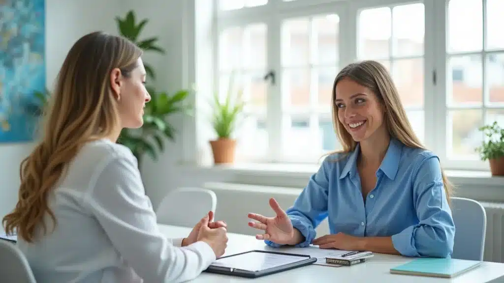 insurance in lexington sc - Smiling insurance agent consulting with local resident in a Lexington SC insurance office, photorealistic