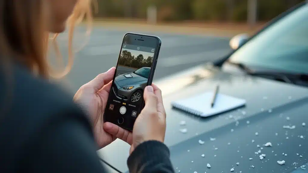 Lexington SC driver photographing hail damage for car insurance hail damage claim