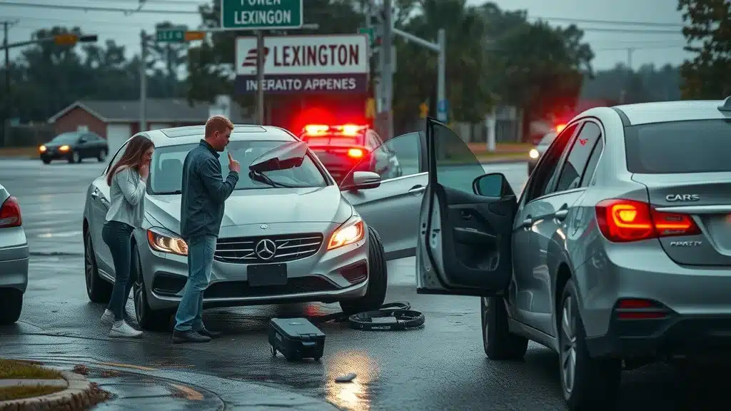 Two cars are stopped at an intersection after an accident on a rainy day. One car has its door open, and two people stand nearby, looking concerned. Police lights flash in the background near a Lexington street sign.