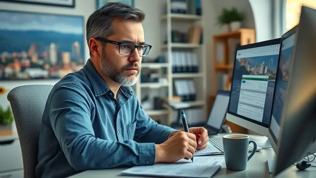 Columbia resident comparing auto insurance quotes on computer with city skyline in background
