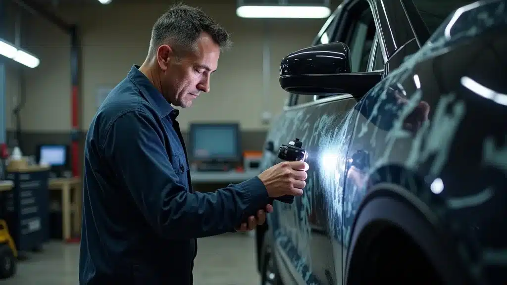 Lexington SC mechanic assessing car hail damage for insurance cover and repair cost