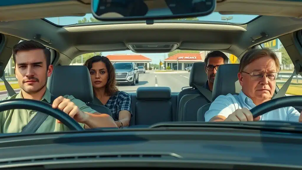 Four people sit in a car: two men in the front seats and a man and woman in the back. The driver appears focused while the others look ahead, riding through a sunny suburban area with buildings visible outside.