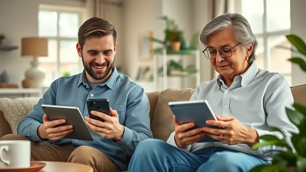 Young and older drivers comparing high-risk car insurance options in Lexington South Carolina in a cozy home setting