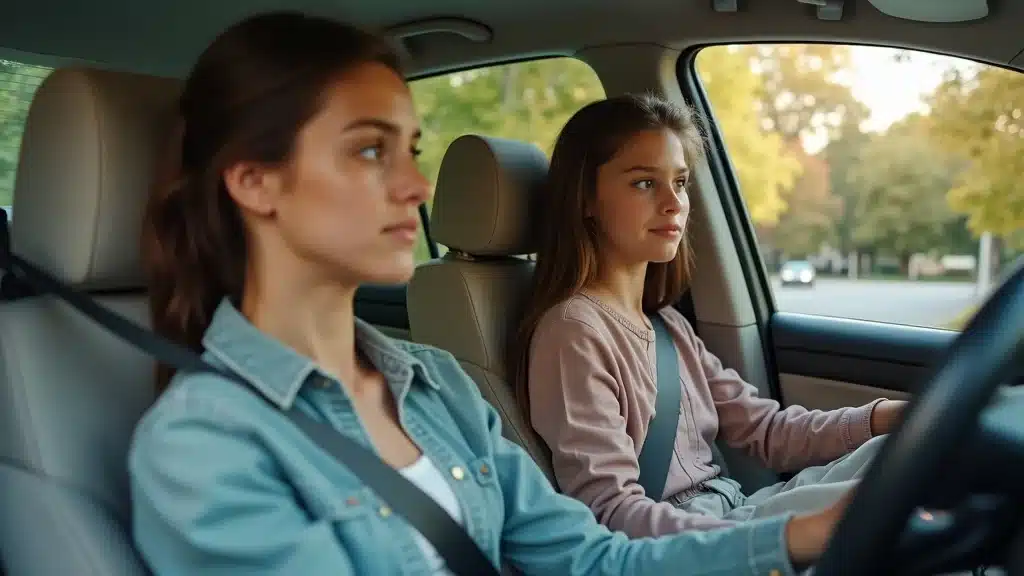 uninsured motorist coverage for lexington sc families - Secure family buckled into sedan with calm driver in Lexington, photorealistic