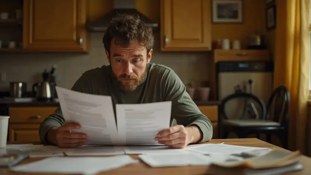 uninsured driver costs in lexington sc - Stressed Lexington resident reviewing late car insurance payment notices at home, photorealistic