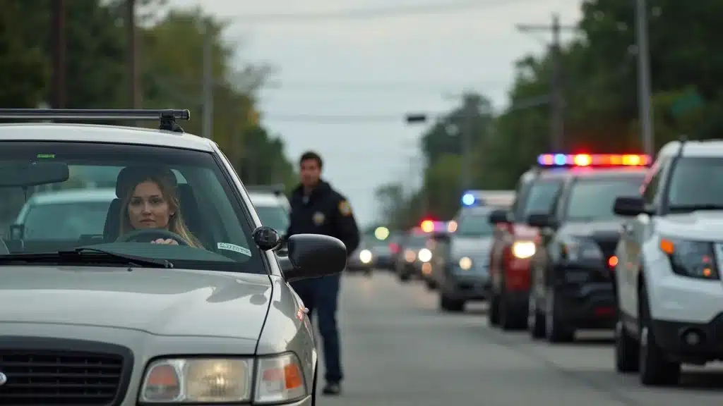 A woman sits in a car while a police officer approaches on a street lined with vehicles. Several police cars with flashing lights are visible in the background.