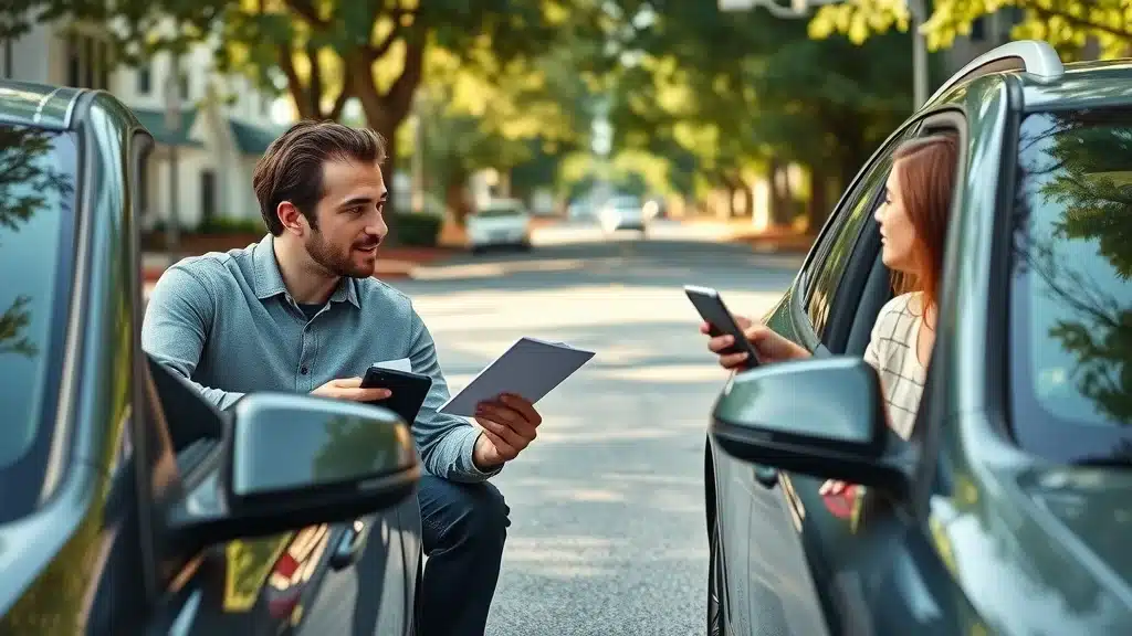 Friendly exchange of insurance documents. Calm, cooperative drivers share insurance cards after a minor accident on a Lexington, SC street; perfect for insurance case records and car accident attorney use.