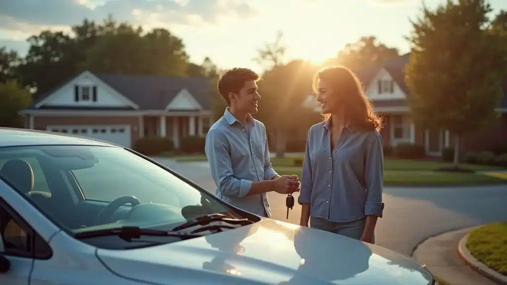 A man hands car keys to a woman, both smiling, standing beside a white car in a suburban neighborhood during sunset.