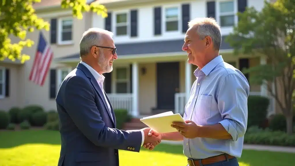 Optimistic insurance agent shakes hands with Lexington homeowner in front of hurricane-protected home, photorealistic, vibrant greens and blues