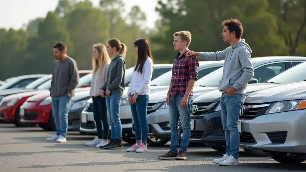 Teen drivers and adults standing next to cars in Lexington SC, illustrating differences in car insurance premiums