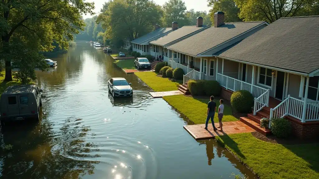 Aerial view of flooded residential area in Lexington SC with families on porches and rescue workers, photorealistic, crisp detail, wide-angle