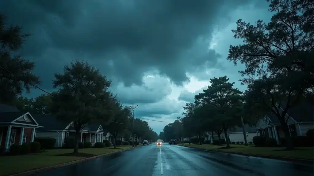A suburban street lined with houses and trees under a dark, cloudy sky. The road is wet from rain, and a single car with headlights on is driving toward the viewer. The atmosphere is moody and overcast.