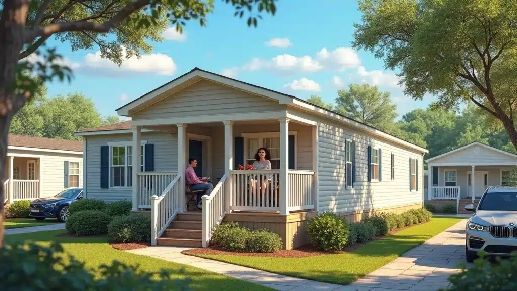A man and woman sit talking on the porch of a beige manufactured home with white trim, surrounded by green lawns, trees, and parked cars on a sunny day in a quiet neighborhood.