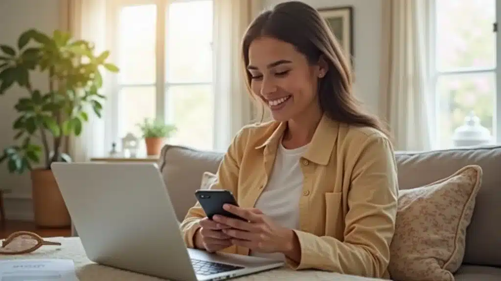 Optimistic young Lexington resident using phone and laptop to pay bills on time for better credit and lower insurance premiums