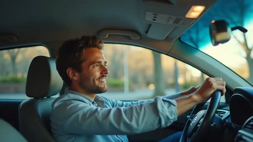 Cautious driver in modern car on Lexington downtown streets, showing both driving record and credit score impact on insurance rates