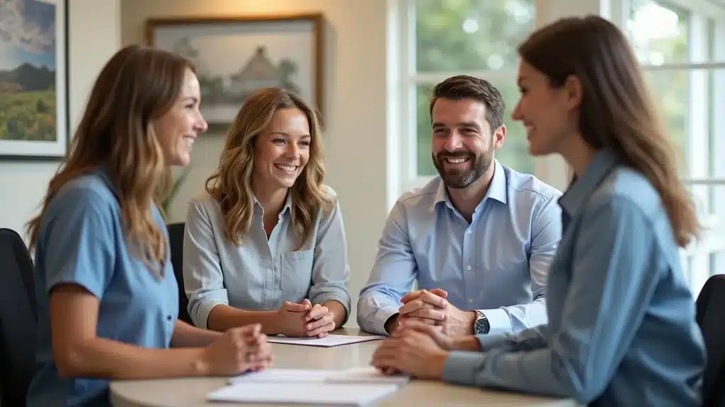 Insurance agent in Lexington SC helping parents and teen compare auto insurance options across desk, brochures and computer visible