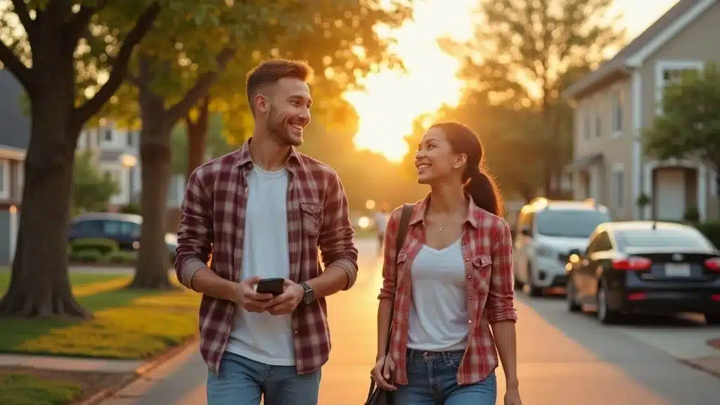 A smiling man and woman walk side by side down a suburban street at sunset, wearing casual clothes and plaid shirts, enjoying each others company. Cars and houses line the street in the background.