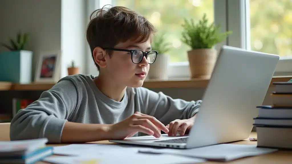 16-year-old teen in Lexington SC comparing car insurance rates online, schoolbooks and laptop on desk