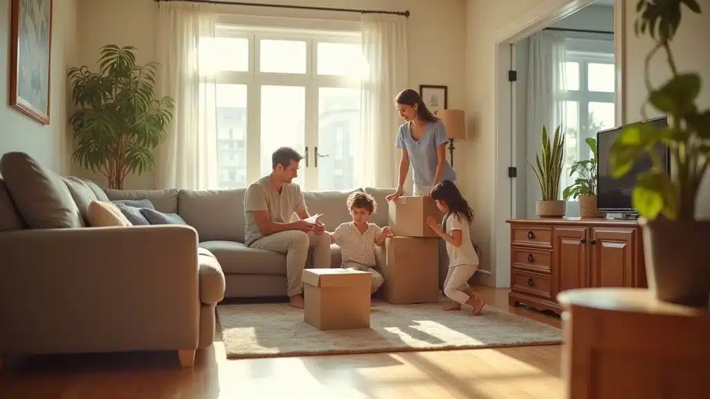 Family settling into temporary apartment with insurance papers after hurricane damage in Lexington SC, photorealistic, inviting lighting