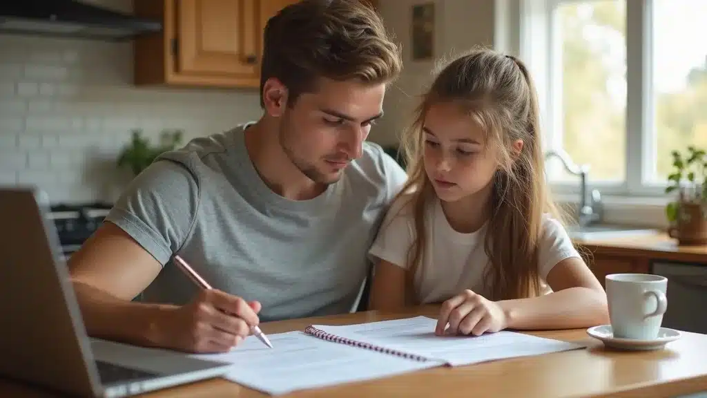 Parent and teen in Lexington SC reviewing auto insurance documents at kitchen table, laptop and forms visible