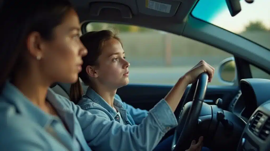 Teen with learner’s permit discussing auto insurance with parent inside modern car, insurance card and paperwork visible in Lexington SC