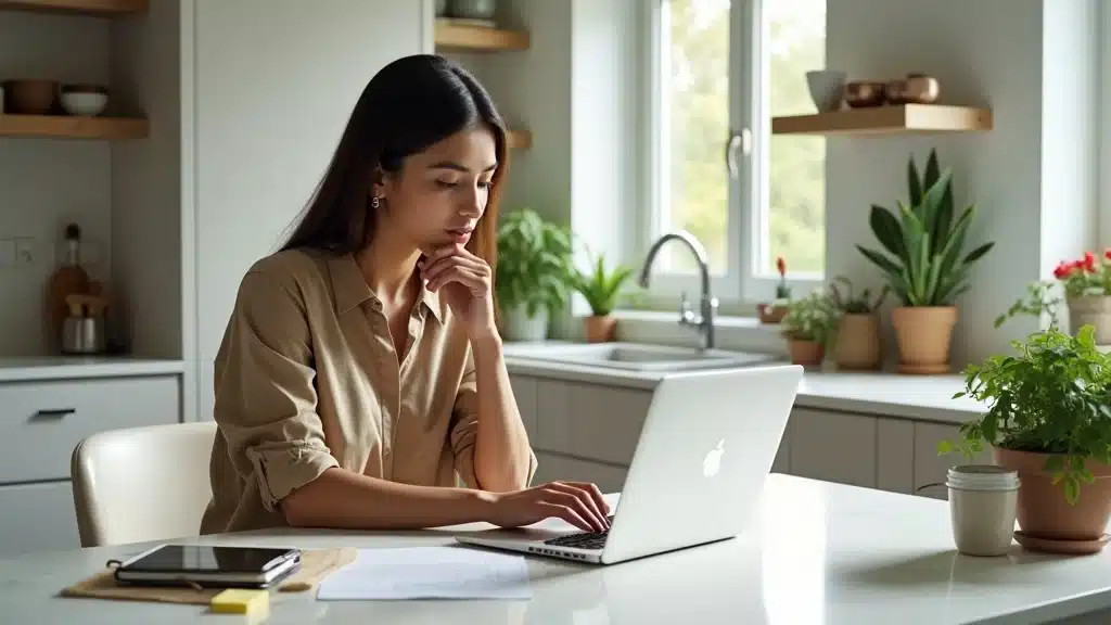 Lexington homeowner researching insurance policy riders on laptop in a modern kitchen, photorealistic with bright window daylight